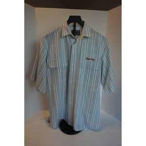 Vintage Bugle Boy Mens Medium Short Sleeve Striped Button Down Shirt Blue White